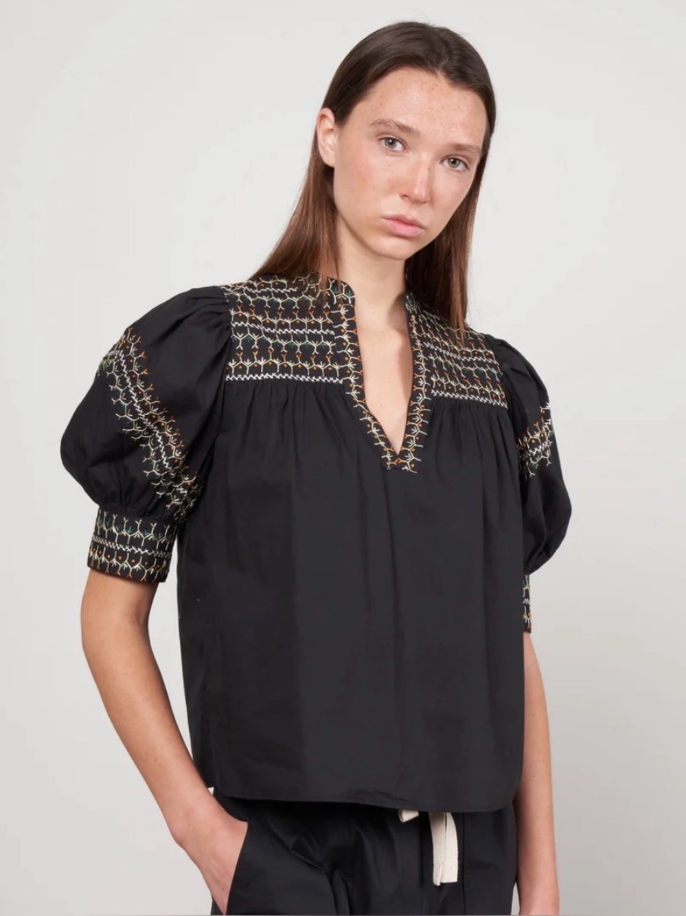 Ulla Johnson Black Embroidered Puff-Sleeve Blouse